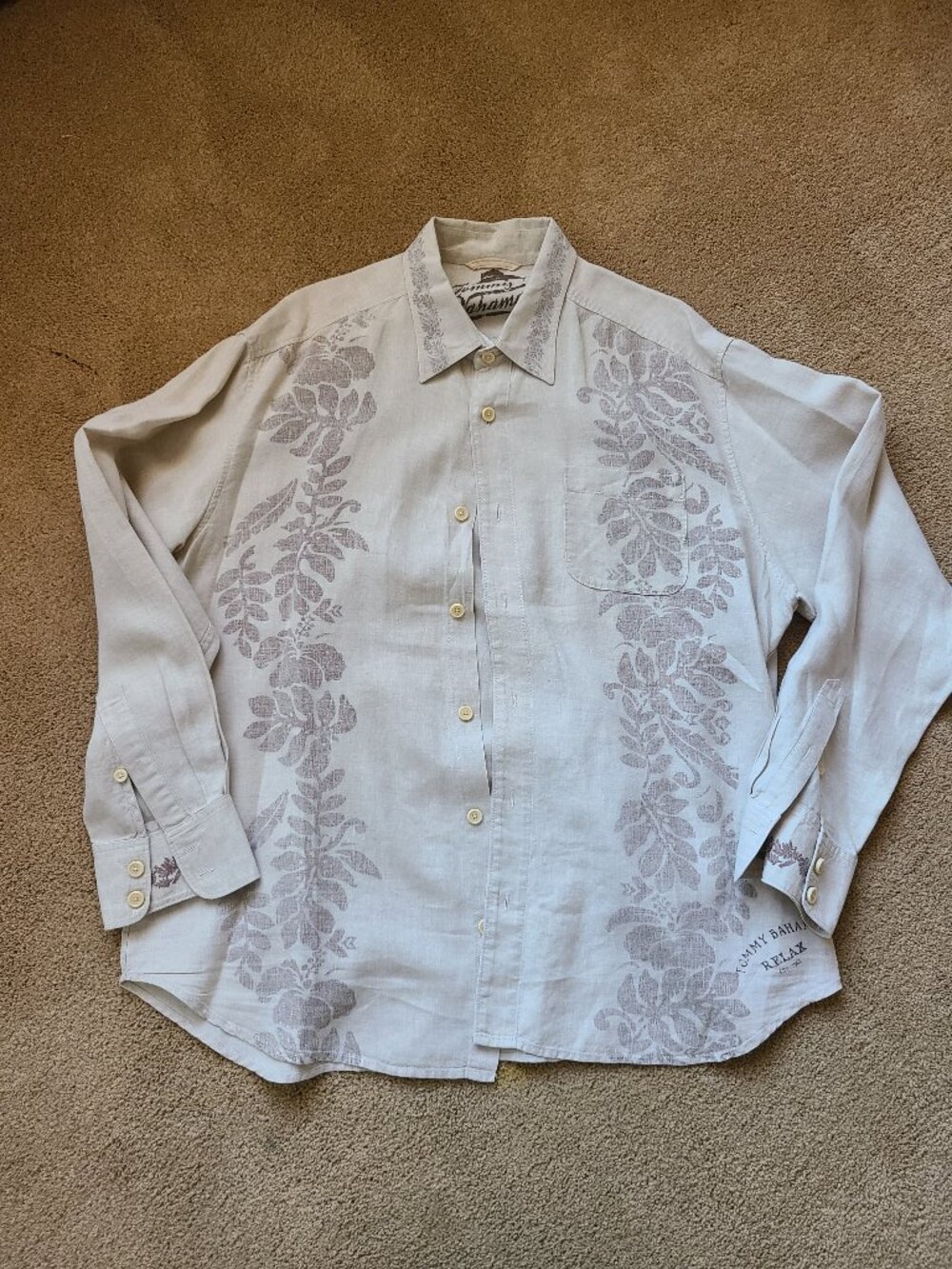 Tommy Bahama 100% Linen Embroidered Floral Panel Guayabera Shirt Beige